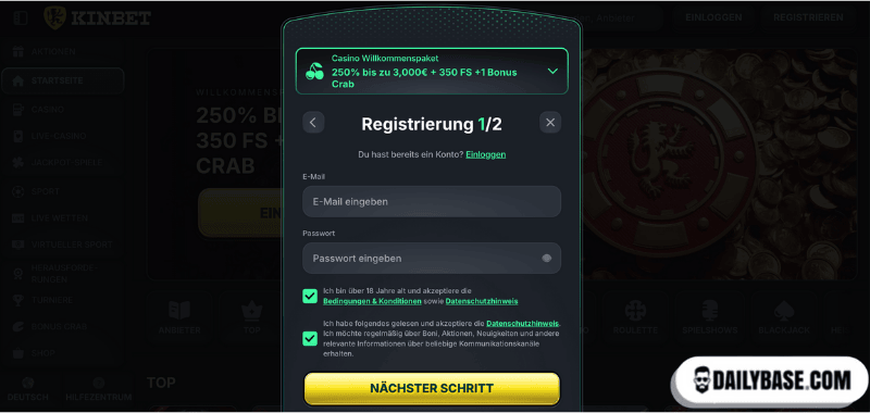 Registrierungsprozess 100% Casino Bonus im Casino