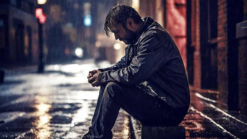 Mann ist traurig im Regen