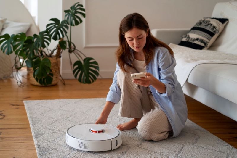 Woman using robot vacuum