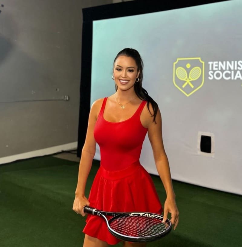 Rachel in sexy red dress