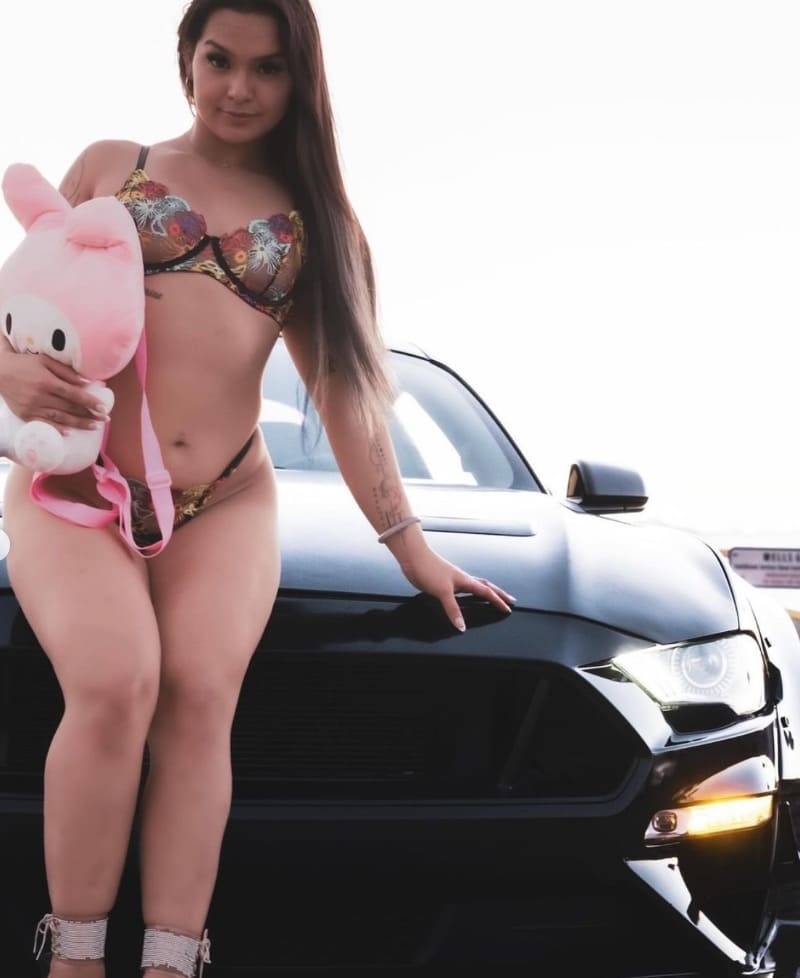 Babe in sexy lingerie on car