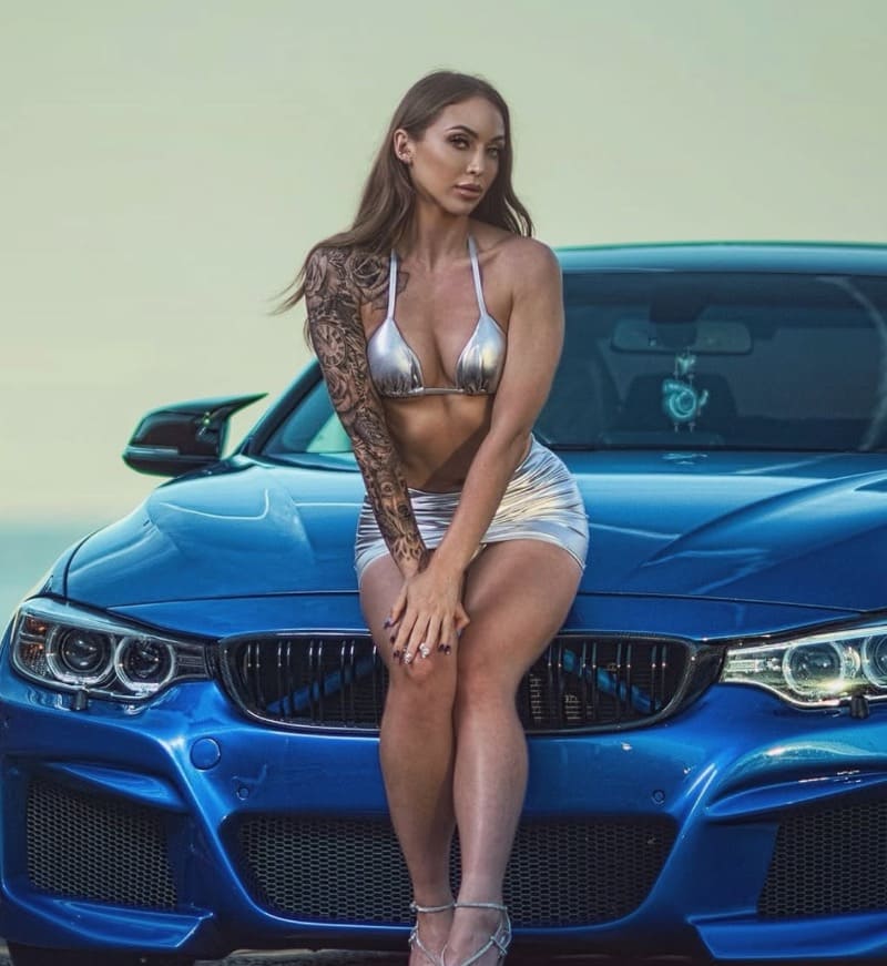Hottie in silver bikini on BMW