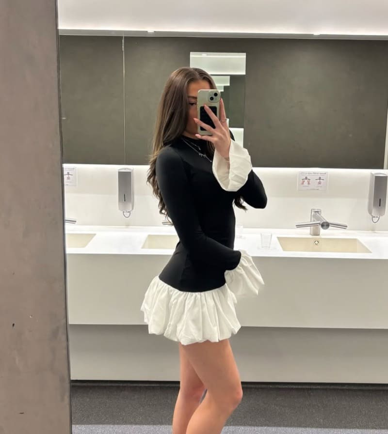 Rachel in bathroom with nice short skirt