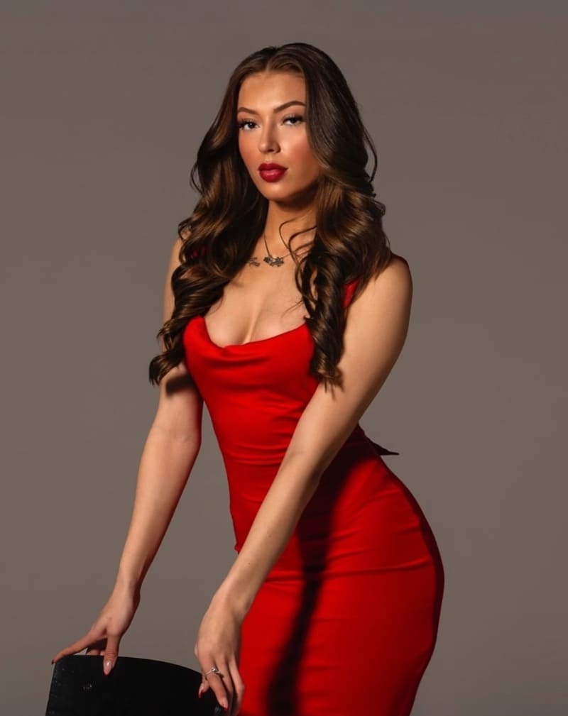 Rachel in red dress