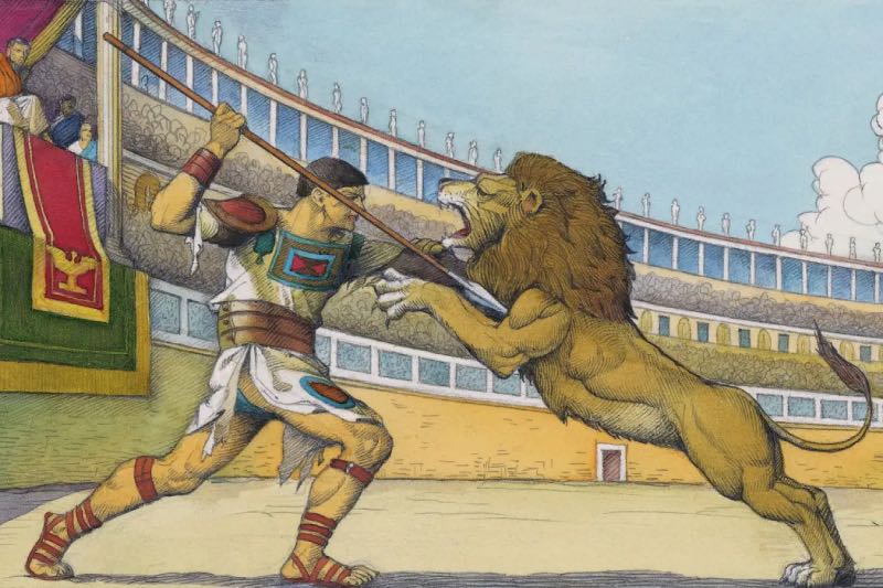 Gladiator vs lion in arena