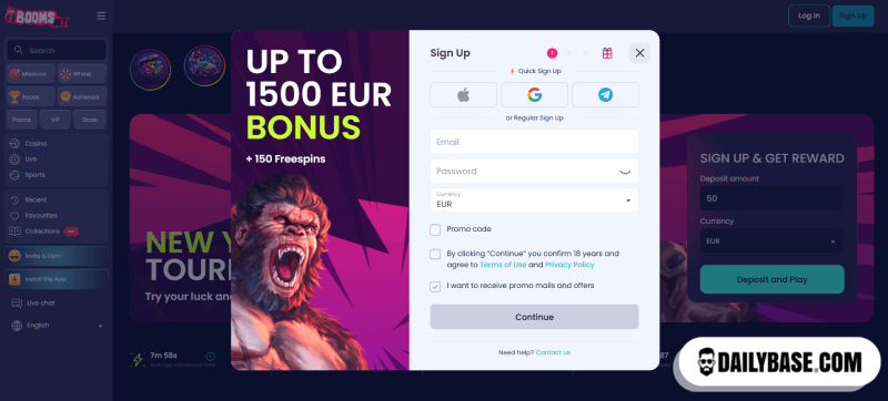 Registratie bij Booms.Bet casino met gratis spins