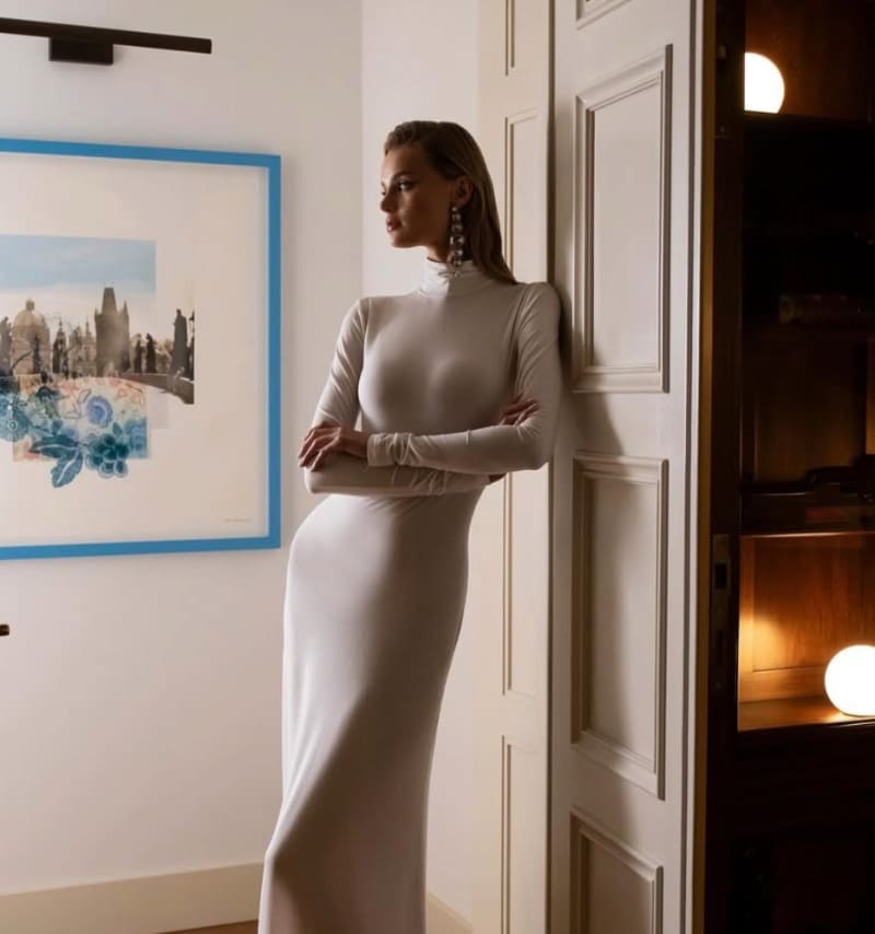 Krystyna in sexy grijze jurk