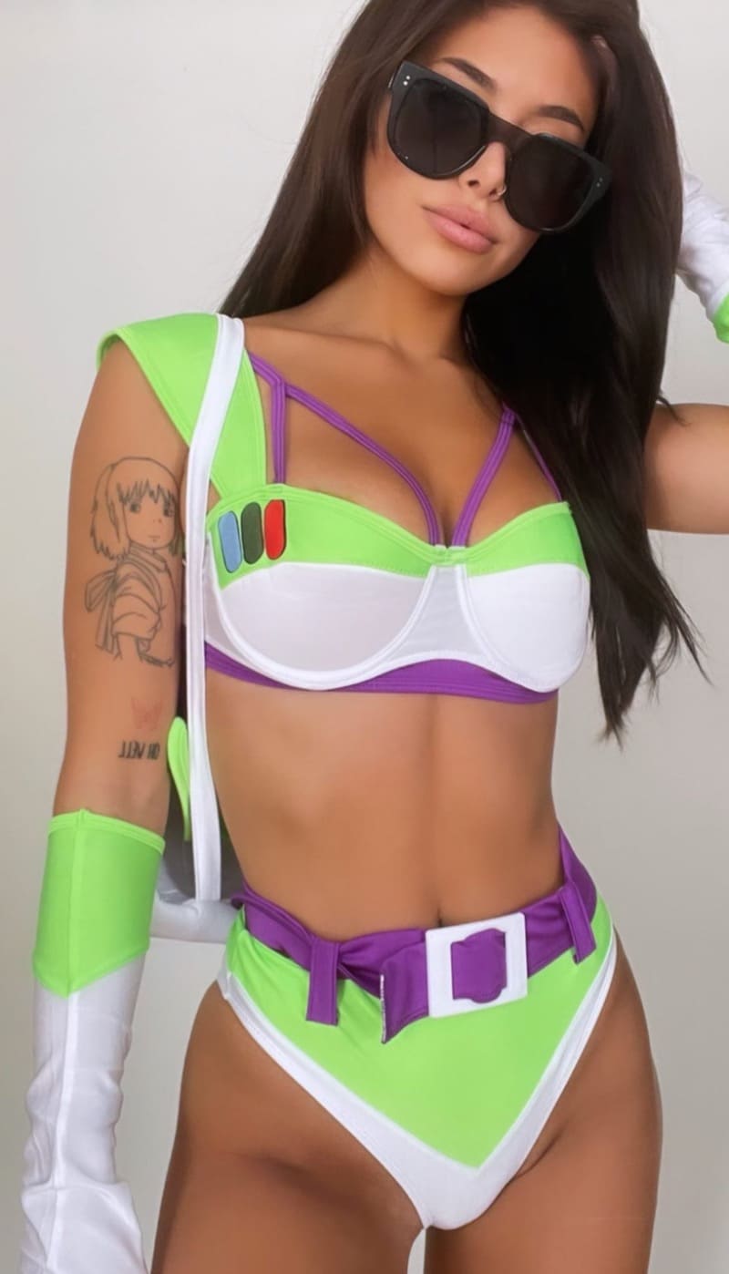 Katie in buzz outfit
