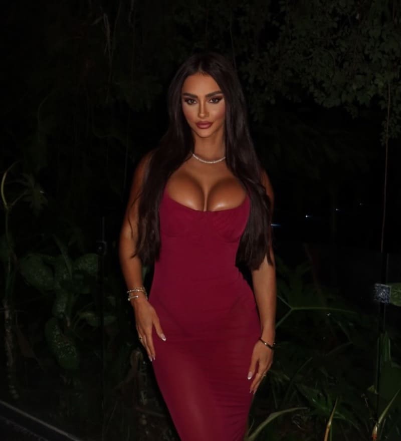 Sexy brunette in red dress and big tits