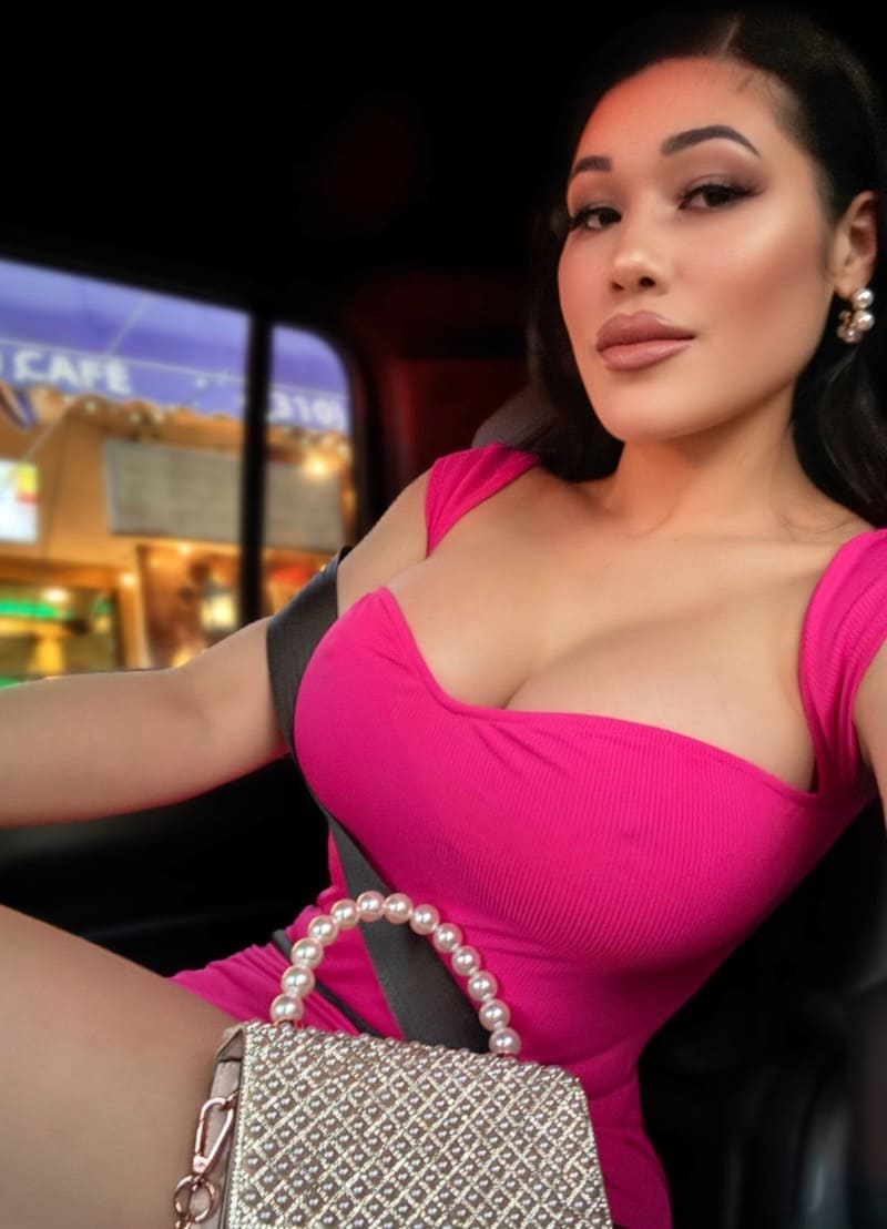 Babe in pink dress in car
