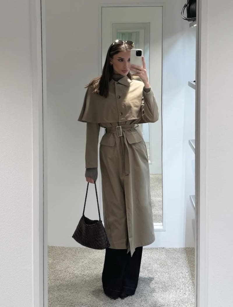 Brunette in long grey outfit