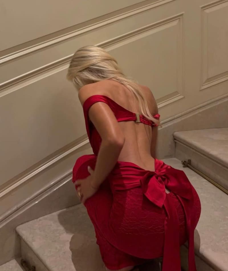 Hot blonde in red dress