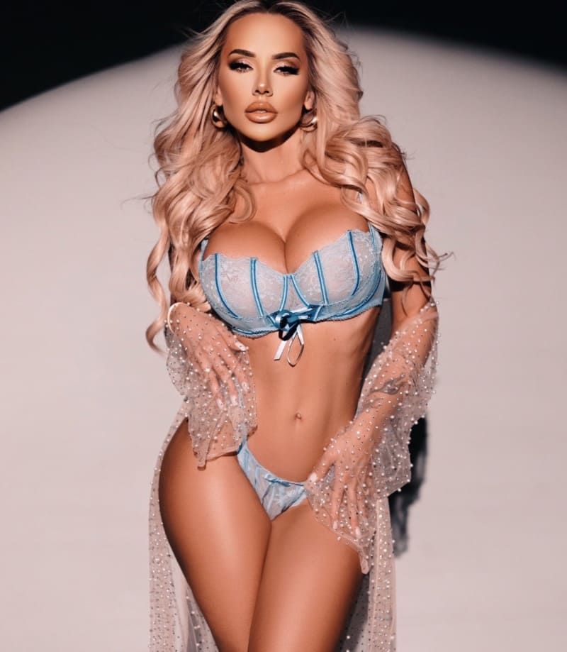 Sexy model with big tits in blue lingerie