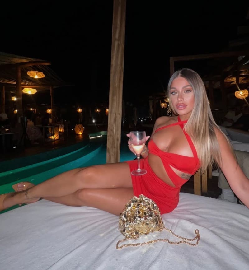 Hot babe in red lingerie dress