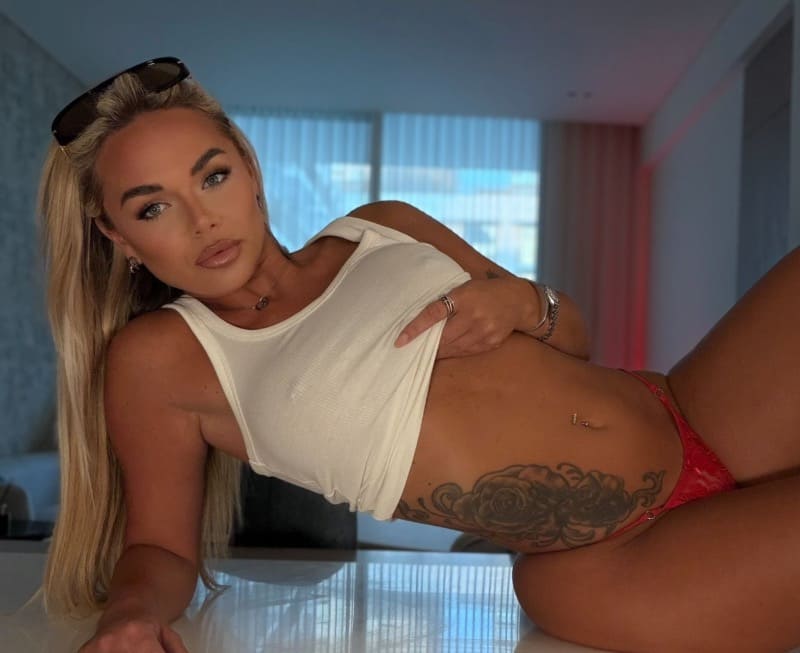 Sexy model in white top and sexy red lingerie