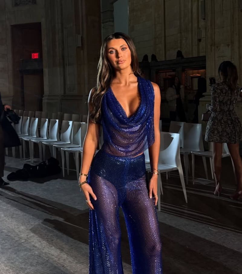 Sexy model in tight blue dress