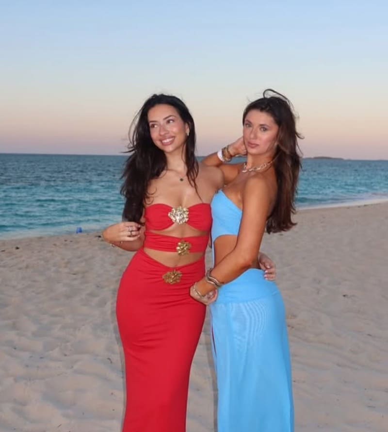 Hot babes in long dresses on beach