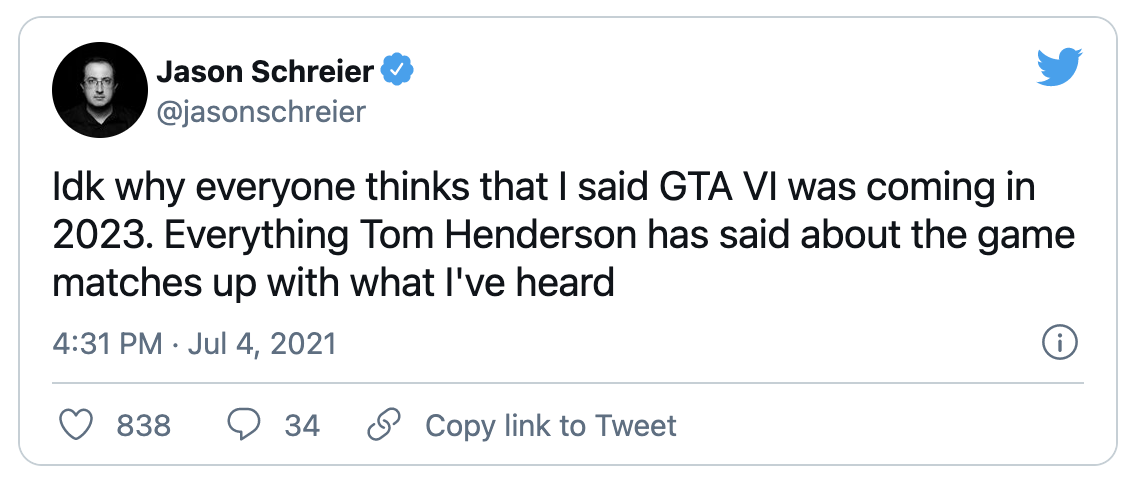 Aankondiging via Twitter GTA 6