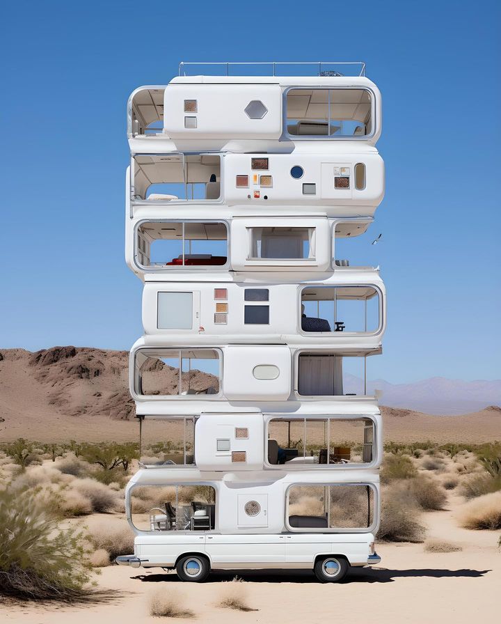 AI architectuur camper in de woestijn