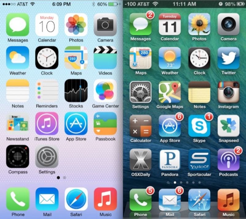 iOS 6 vs iOS 7 in vergelijking met iOS 18