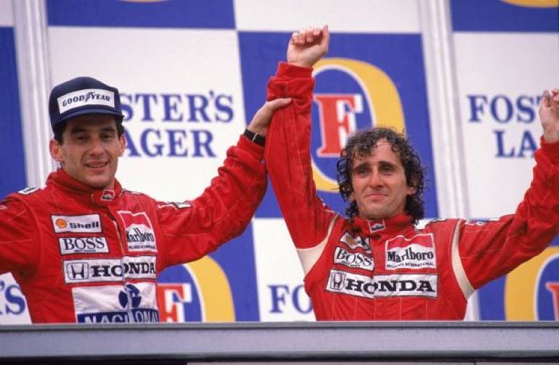 Ayrton Senna en Alain Prost op het podium