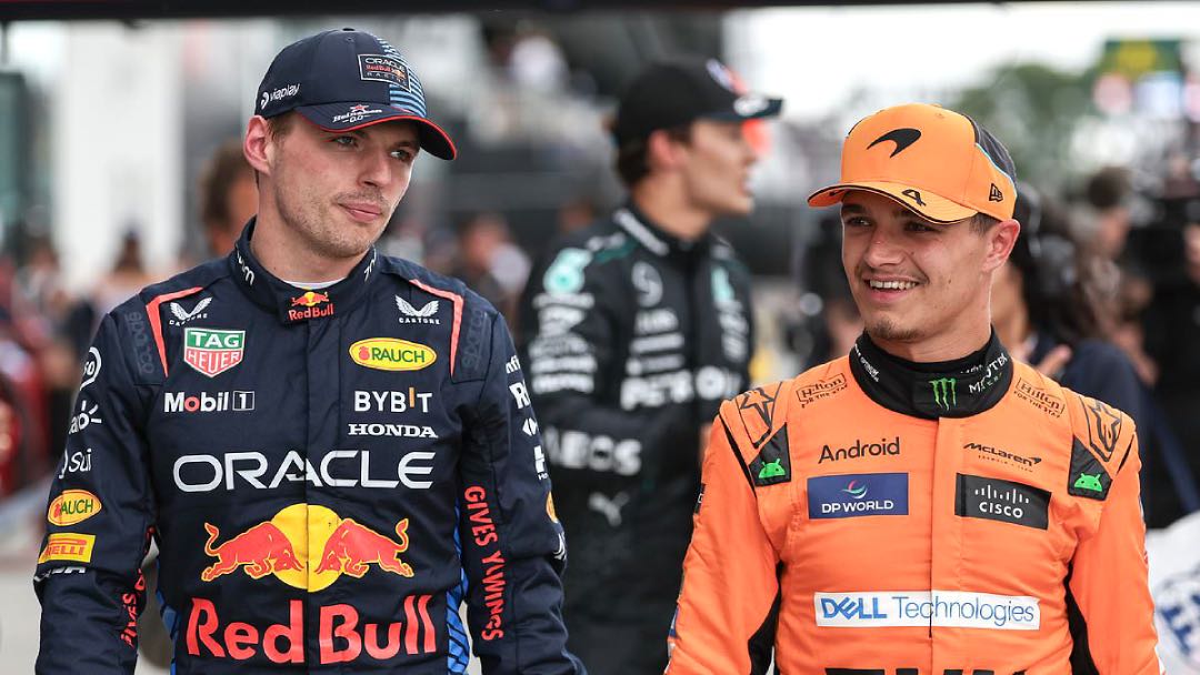 Lando Norris en Max praten FT