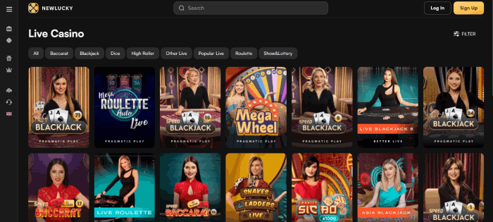 Live casino spellen op Newlucky casino website
