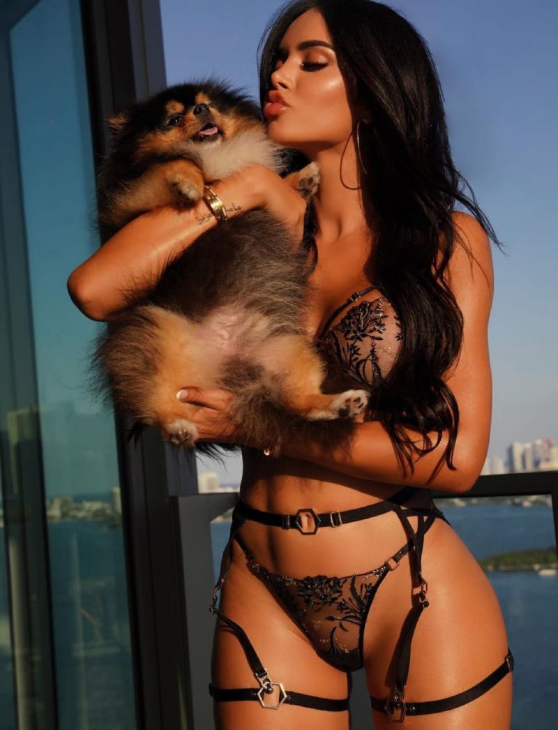 Babe in lingerie met hondje