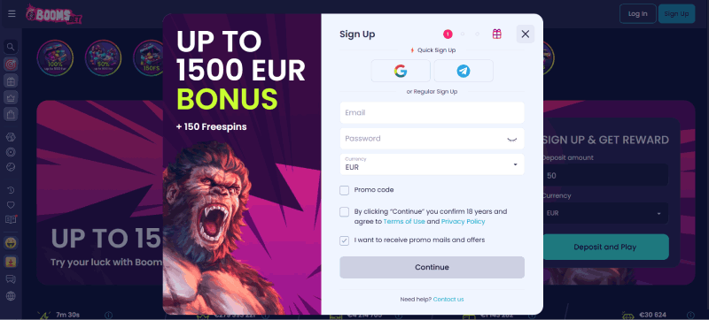 Registratie bij BoomsBet Online Casino