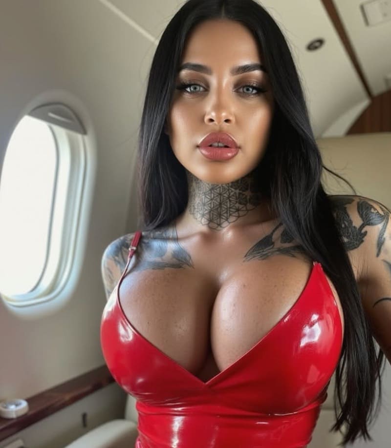 Babe met enorme tieten in latex