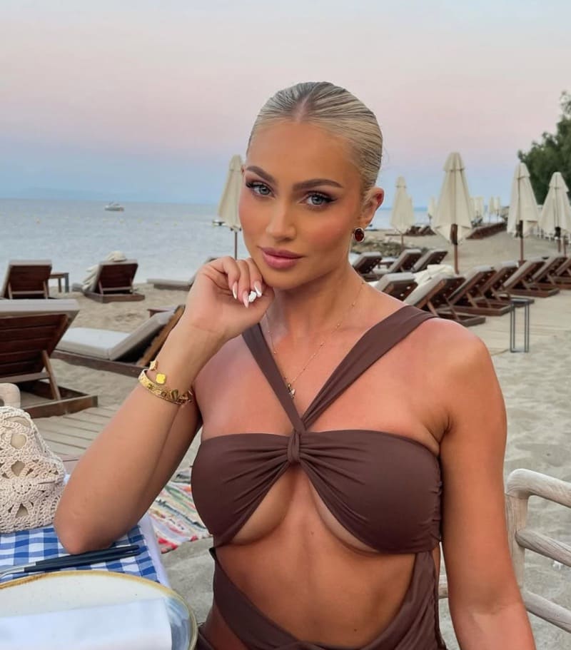 Sexy model in bruine jurk