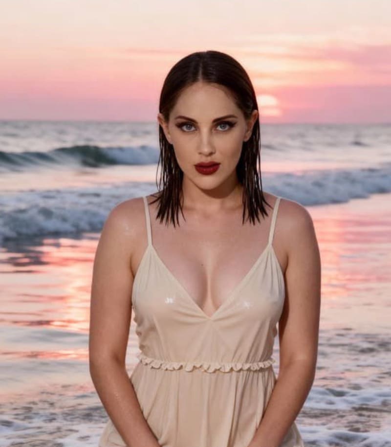 Babe in witte jurk p strand