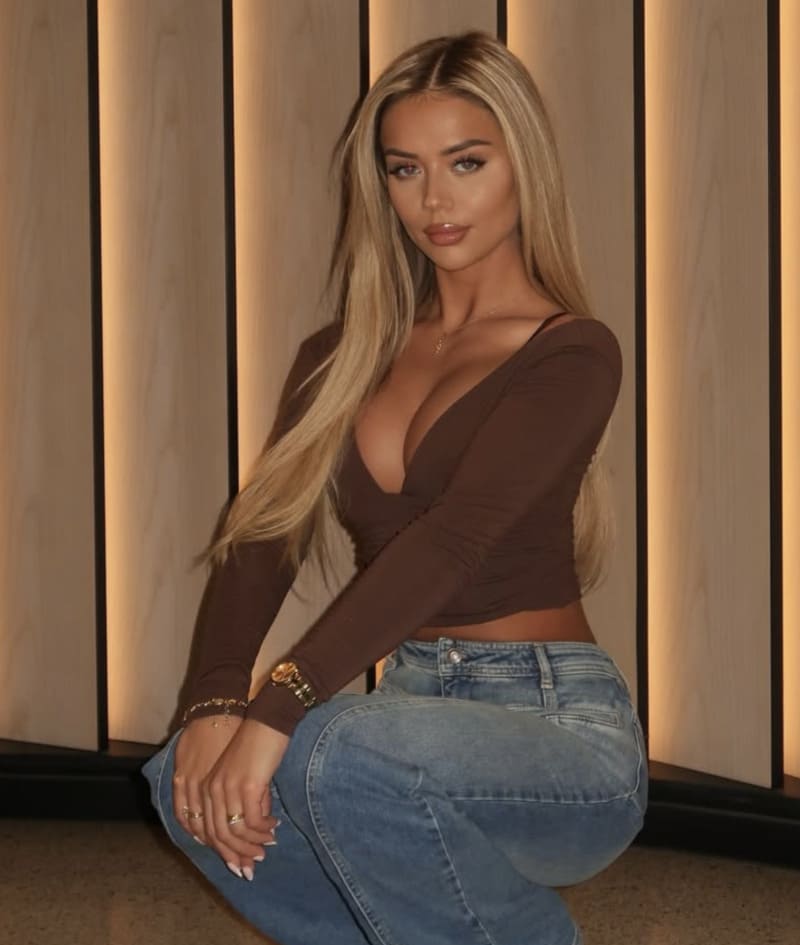 Sexy model met dikke tieten in bruin topje